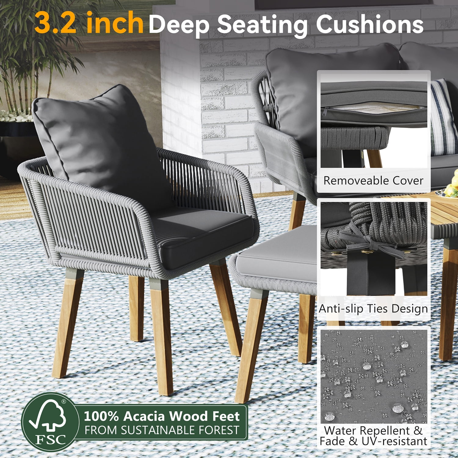 Aimee Lii Outdoor Patio Acacia Wood & Rope 6-Piece Furniture Set with Ice Bucket, Patio Conversation Set with Ottomans, Gray