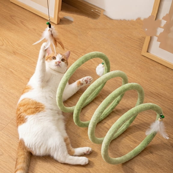 Interactive Cat Tunnel Toy, Flexible Spring Coil Cat Exercise Toy Plush Cat Play Coil With Feather Teaser Wand for Indoor Cats Kitten