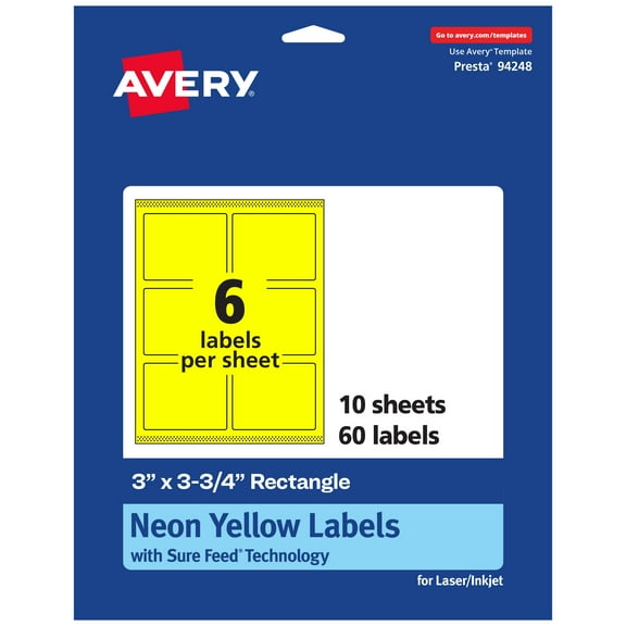 Avery Printable Rectangle Labels, Neon Yellow, 3" x 3.75", 60ct