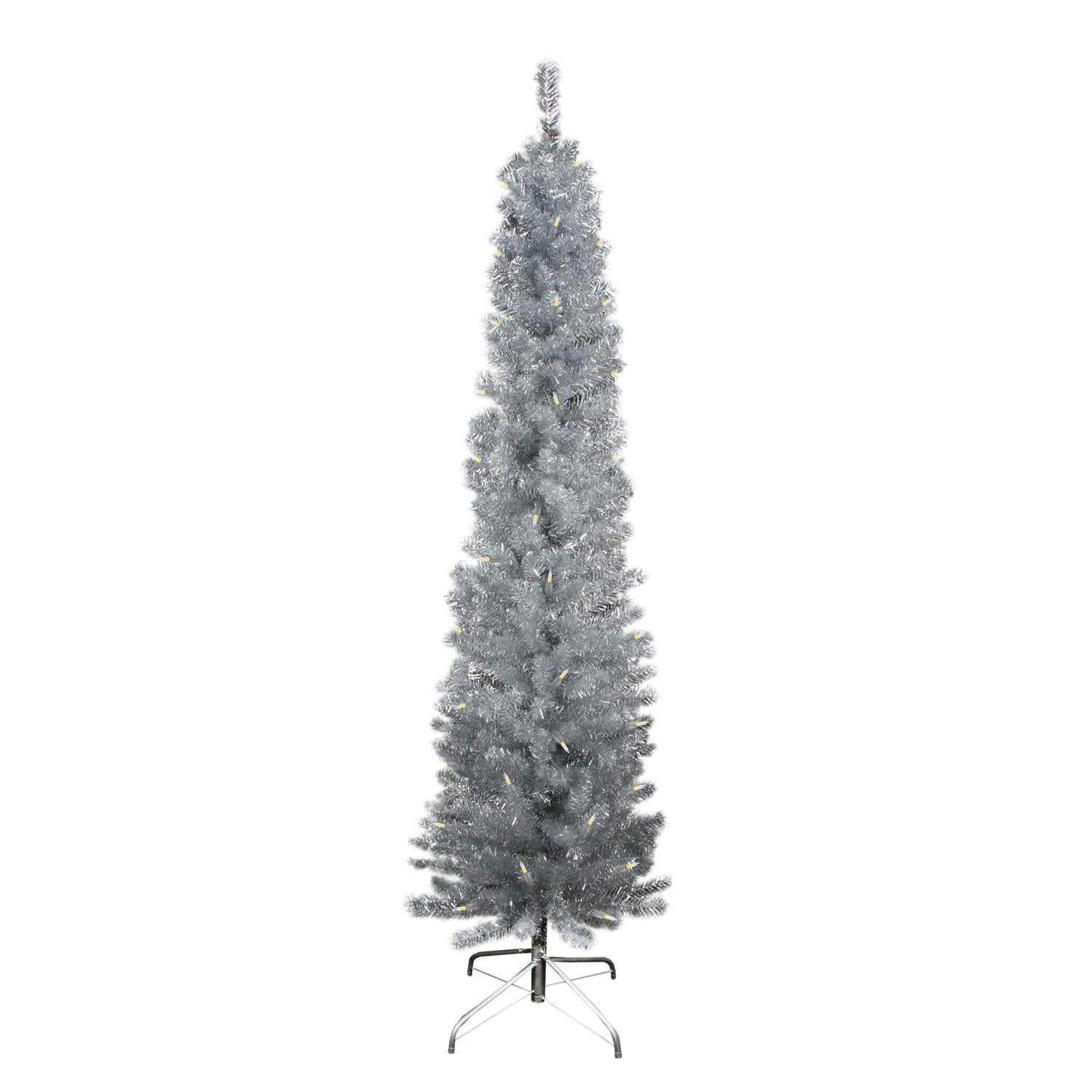 9' PreLit Silver Artificial Tinsel Pencil Christmas Tree Clear