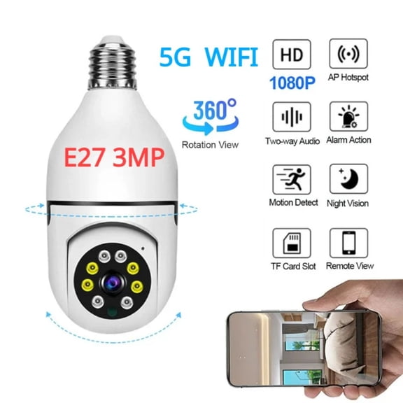 Wireless Security Camera, WIFI IP Camera, E27 Light Bulb 1080P HD Security Monitor Cam with Infrared Night Vision, White (Supports Only 5GHz Wi-Fi)