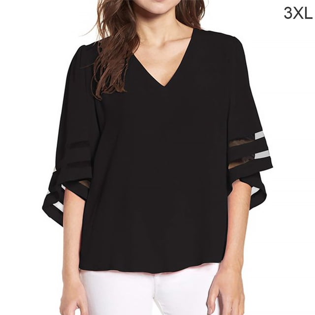 Camisa de mujer Cuello en V Malla Manga acampanada Top Gasa Blusa informal suelta, Negro, 3XL Methold AP002431-06