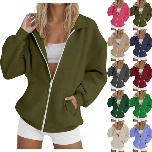 Bovxnpu Womens Zip Up Hoodies Oversized Sweatshirts Fall School Fashion Outfits Casual Jackets Winter Clothes Women's Solid Color Zippered Lapel Hoodless Cropped Sports Long Sleeve Sweatshirt