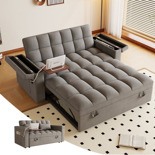 REHOUSING Velvet Multifunctional Pull-Out Sofa Bed with Hidden Side Table and Storage Armrests, Gray