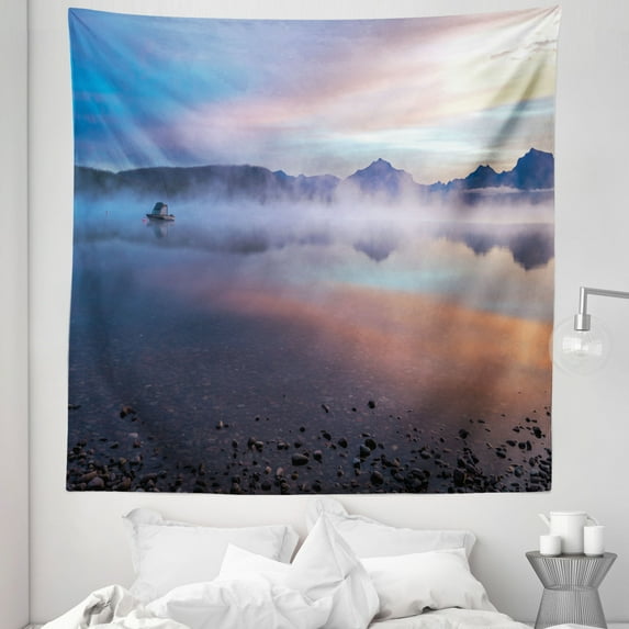 Glacier National Park Tapestry, Illustration of Deserted Setting with Fog Sunrise Tranquil Land, Fabric Wall Hanging Decor for Bedroom Living Room Dorm, 5 Sizes, Multicolor, by Ambesonne