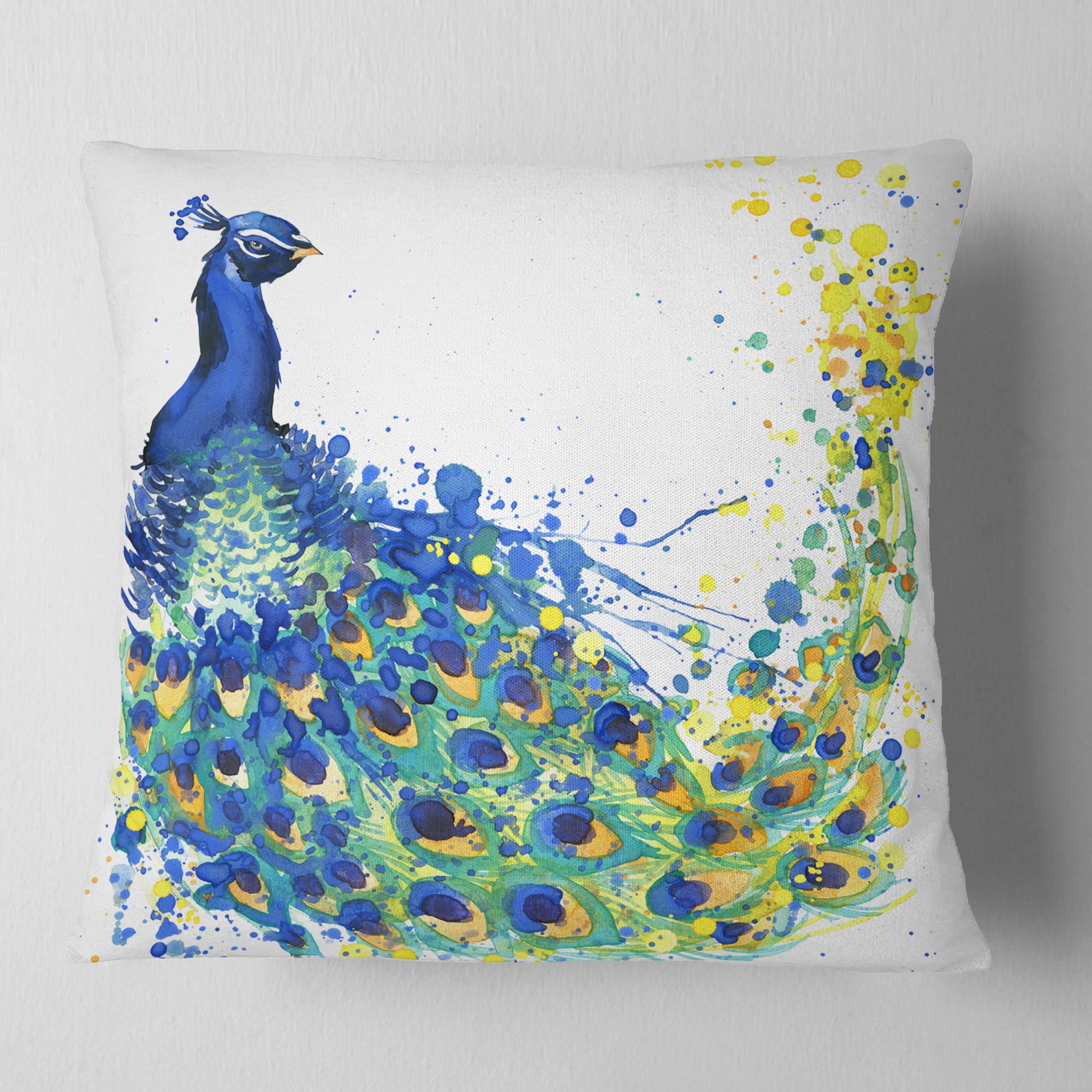 Designart Exotic Peacock Watercolor - Contemporary Animal Throw Pillow - 16x16