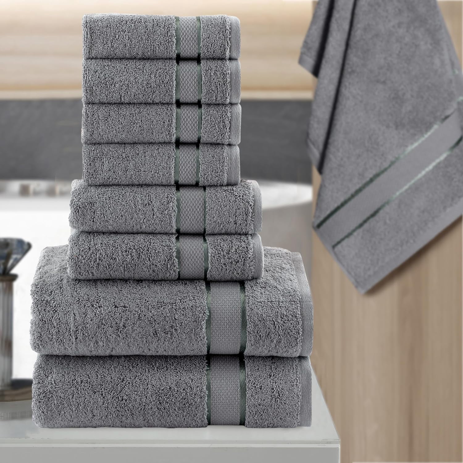 Cotton 8-Piece Towel Set, Includes 4 Washcloths, 2 Hand Towels and 2 Bath Towels, 100% Turkish Cotton - Highly Absorbent and Super Soft Towels for Bathroom, Grey