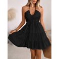 thumbnail image 3 of Womens Black Ruched Halter Mini Dress, Tiered Tiered Shirred A-Line Party, 3 of 7