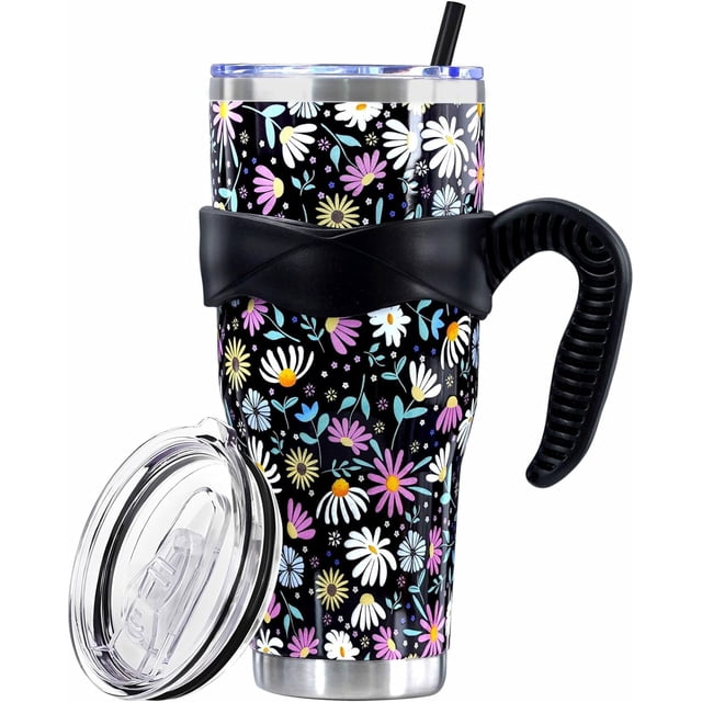 40 Oz Tumbler with Handle and Silicone Straws,Coffee Insulated Tumbler with Handle,40 Oz Flowers Water Bottles,Travel Mug with Handle