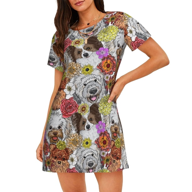 Disketp Cute Dogs Puppy para Camisón Corto de Manga Corta para Mujeres, Camisón Cómodo con Escote Redondo, Bonito y Confortable