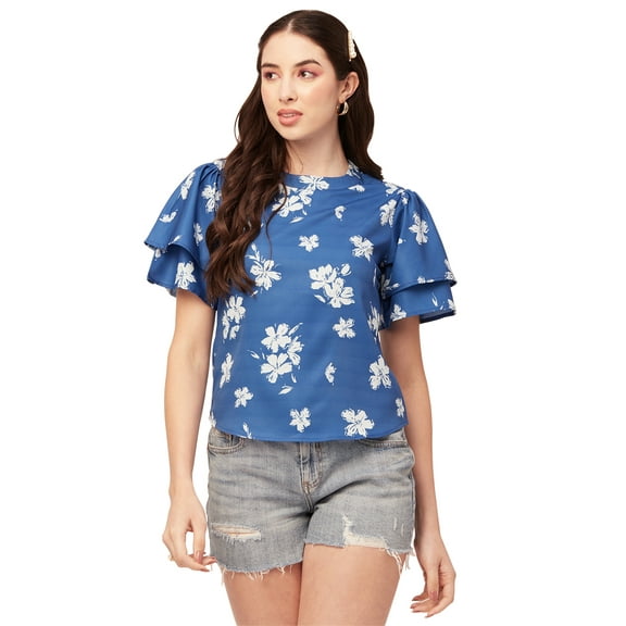 Moomaya Printed Tops For Women Round Neck Flutter Sleeve Poly Crepe Tunic Top