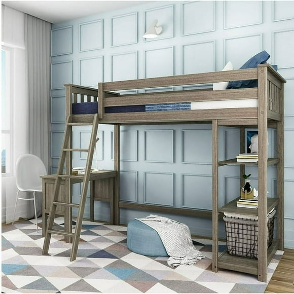 Max & Lily Loft Bed, Solid Wood Twin High Loft Bed with Bookcase and Desk for Kids, Clay