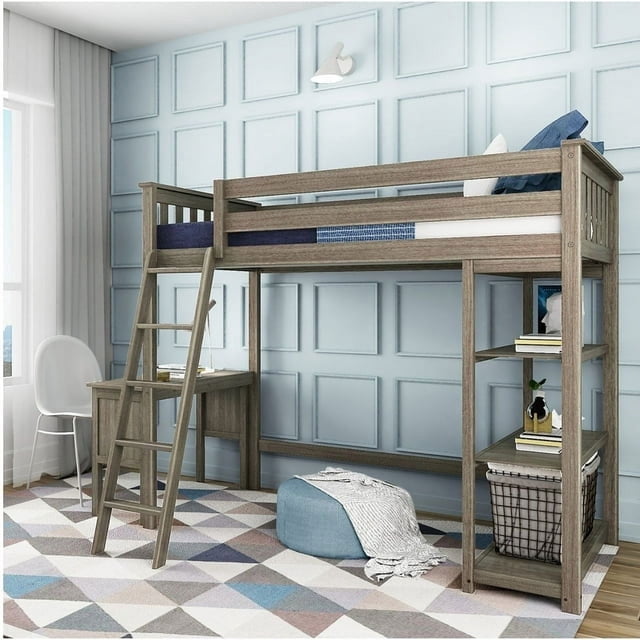 Max & Lily Loft Bed, Solid Wood Twin High Loft Bed with Bookcase and Desk for Kids, Clay