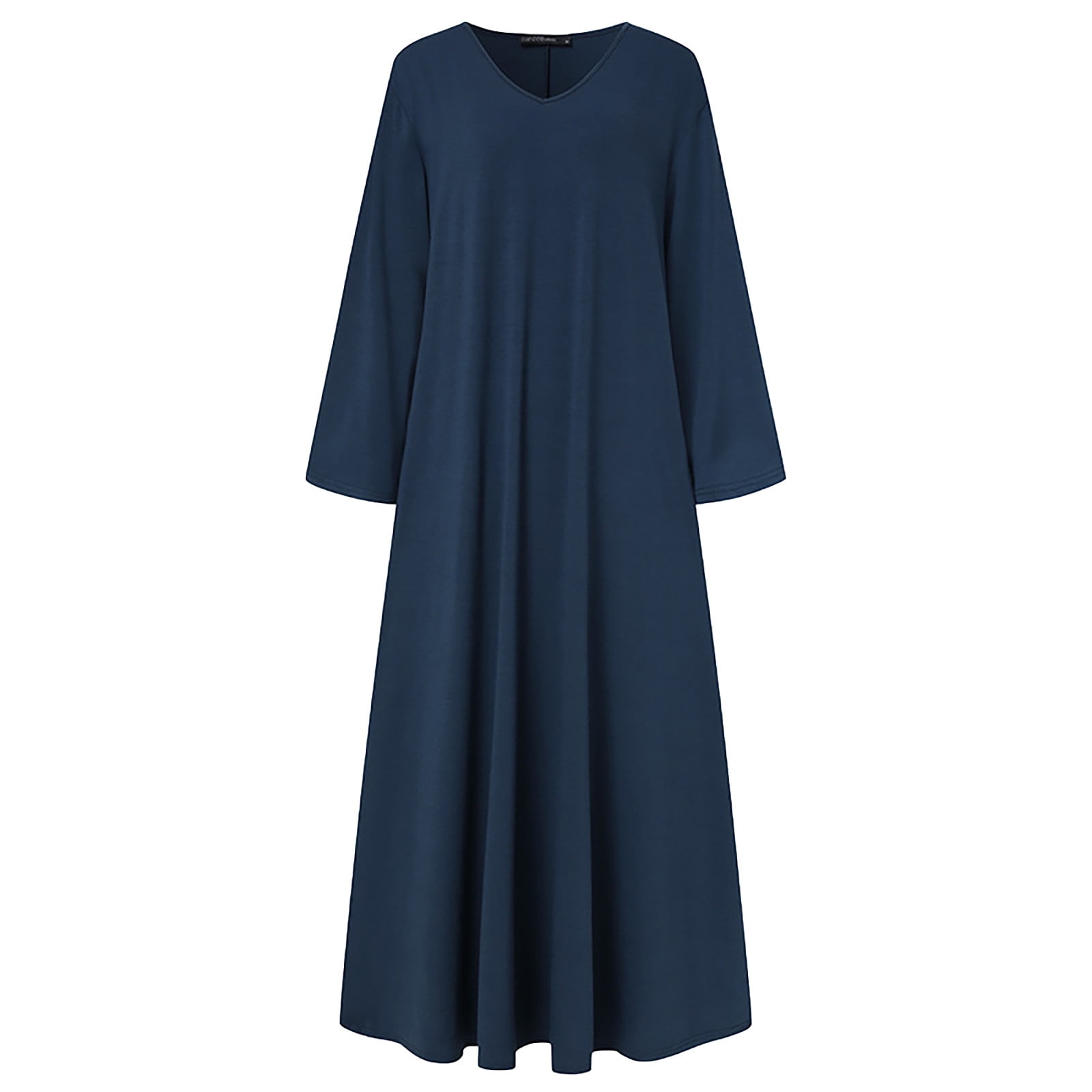 JGGSPWM Women's Long Sleeve Cotton Maxi Dress V Neck Side Pockets Casual Plus Size Daily Vacation Dresses Navy L