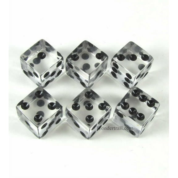 Clear Transparent Dice with Black Pips D6 16mm (5/8in) Pack of 6 Koplow Games