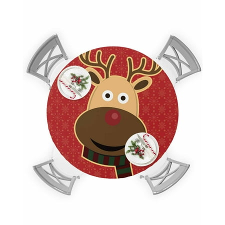 

Round Tablecloth with Elastic Christmas Red-nosed Reindeer Waterproof Stain-proof Table Cover Wipeable Fitted Table Cloths for 55 -60 Round Tables Dining Kitchen Indoor Outdoor Use