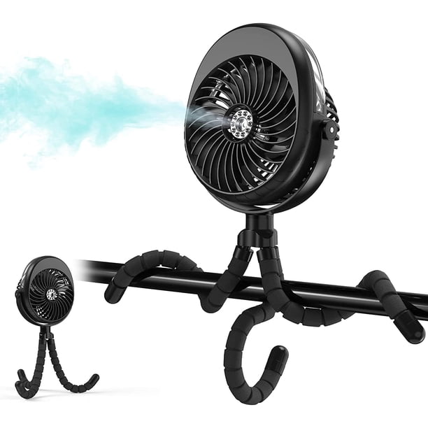 Mister Stroller Fan, ventilador de bebé portátil alimentado por batería con clip de trípode flexible, tanque de agua giratorio de 360 ° de 3 velocidades de 50 ml para sala de campamento esquí esquí Gafas de esquí