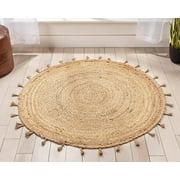 Avgari Creation Round Beige Farm House Area Living Room Indoor Outdoor Rugs Carpet-6 Feet Round with Tassels