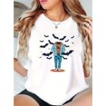 thumbnail image 1 of Camisetas para mujer, de verano, casual, manga corta, cuello redondo, con estampado, color blanco negro, blusaGeometric Bat and Headless Man Graphic T-Shirt for Women - Casual Polyester Knit Fabric,, 1 of 6