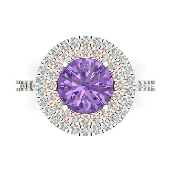 2.6 ctw with Simulated Diamond Halo Accents Anniversary Ring for Women | Round Cut Simulated Alexandrite | Hyperallergenic Solid 14K White/Rose Gold