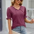 thumbnail image 3 of Scyoekwg Womens Tops Dressy Casual V-Neck Ruched Sleeve Drawstring Tops Lightweight Loose Solid Color Comfy Short Sleeve T Shirts Comfy Summer Blouses (Wine,XXL), 3 of 7