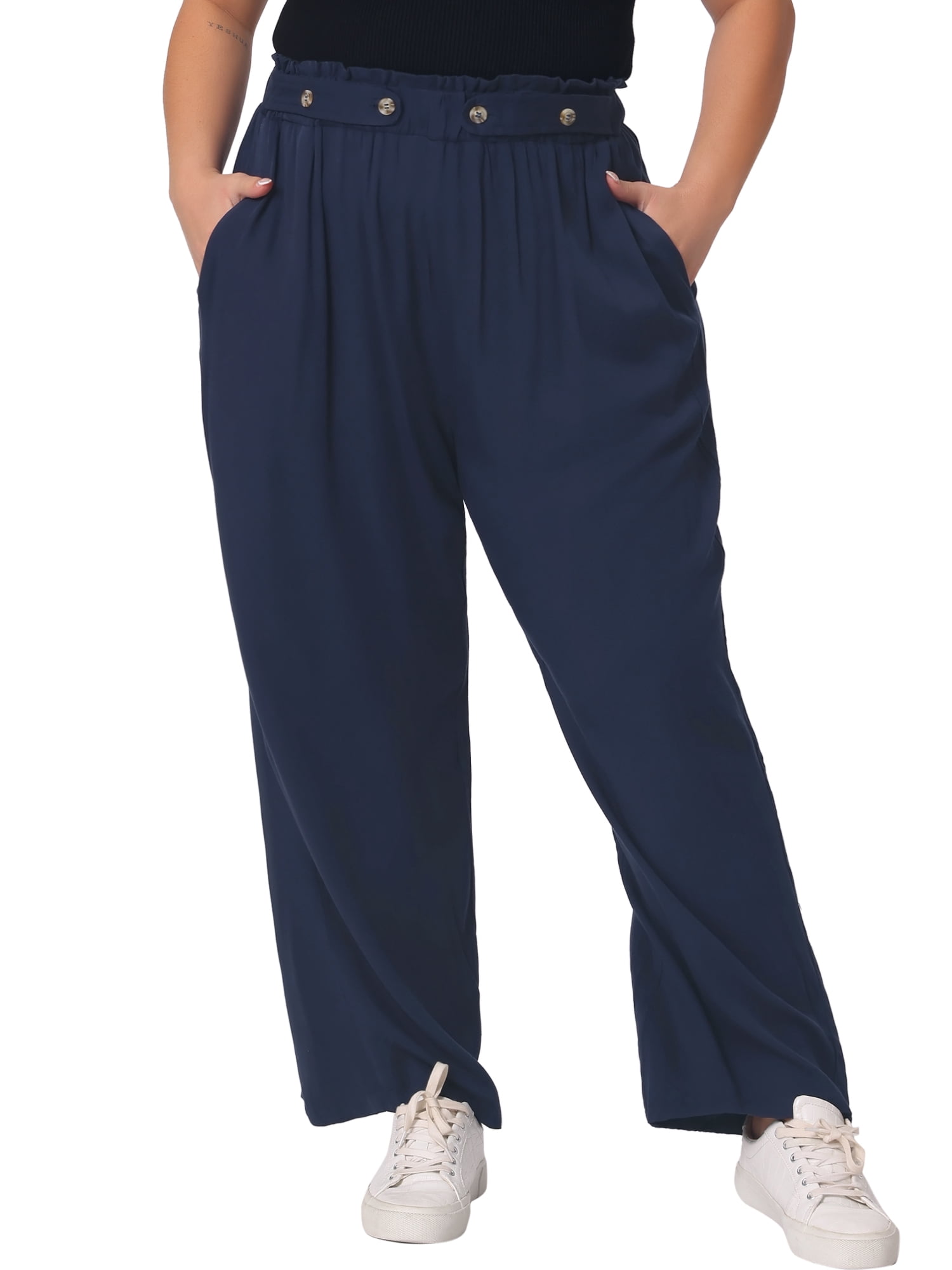 DARING DIVA Women's Plus Palazzo Stretchy High Waisted Wide Leg Pants 3X Navy Blue