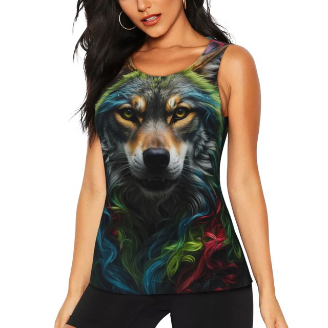 Fotbe Realistic Style Colorful Wolf Blusas Sin Mangas para Mujer – Estilo Casual, Corte Suelto, Slim-Fit, Cuello Redondo Deportivo, Tops de Verano para Gimnasio y Yoga-Large