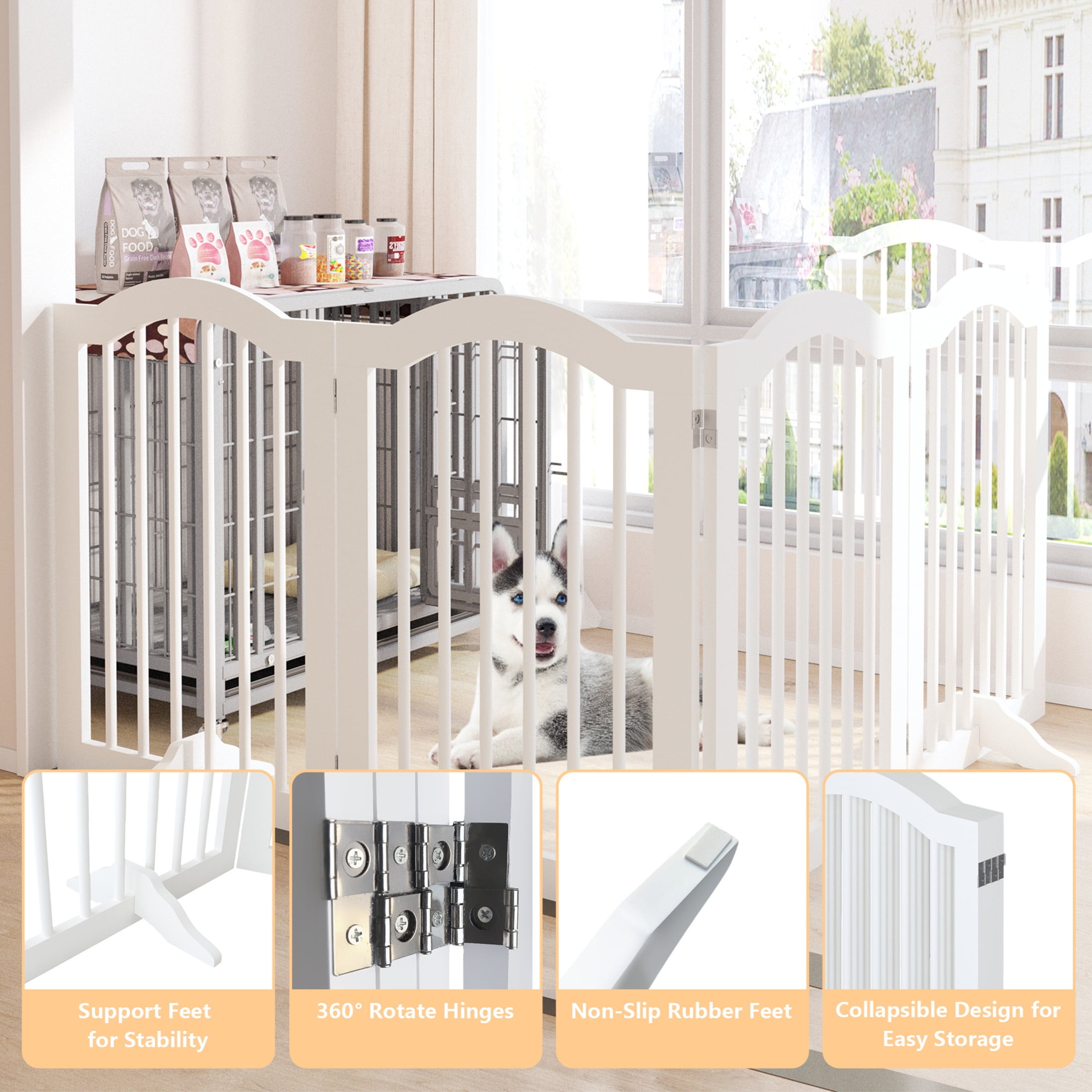 Noble House 27.6" Tall 4-Panel Freestanding Pet Gate, Foldable Wooden Dog Safety Fence for Doorways & Stairs, White