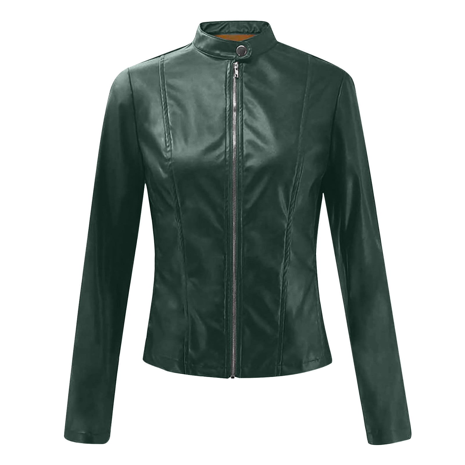 BLTIBY Womens Faux Leather Jackets, Fall Spring Zip Up Black Stand Collar Motorcycle Short PU Moto Biker Outwear Fitted Slim Coat Green XXL
