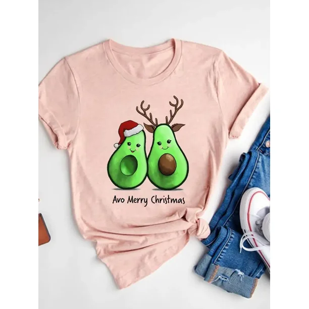 Camiseta con estampado de dibujos animados para mujer, ropa de manga corta de Navidad, moda de Año Nuevo, camisetas gráficas básicas
