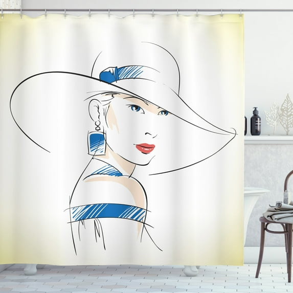 Vintage Woman Shower Curtain, Fashion Sketch of Beautiful Female with Hat and Blue Eyes Illustration, Fabric Bathroom Set with Hooks, 69W X 70L Inches, Ivory Blue Coral, by Ambesonne
