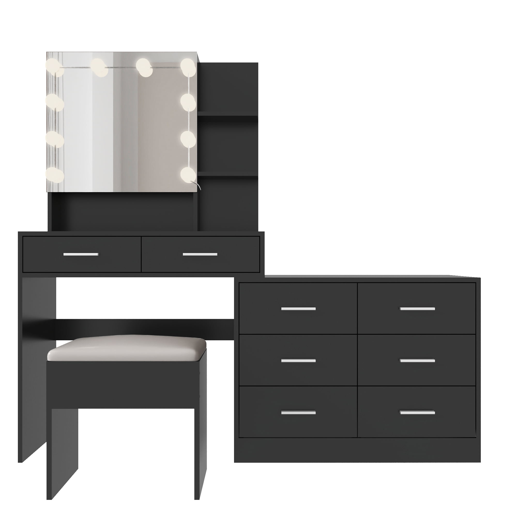 Ktaxon Makeup Vanity with 8 Drawers&Charging Station, Vanity Desk with 3 Color Light, Vanity Table Set w/ Drawer Dresser, Black