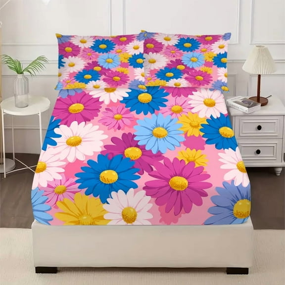 3-Piece Floral Burst Celebration Printed Bed Sheet Set - Ultra-Soft Fitted Sheet & Pillowcases, Perfect Bedding for Kids, Teens, and Adults