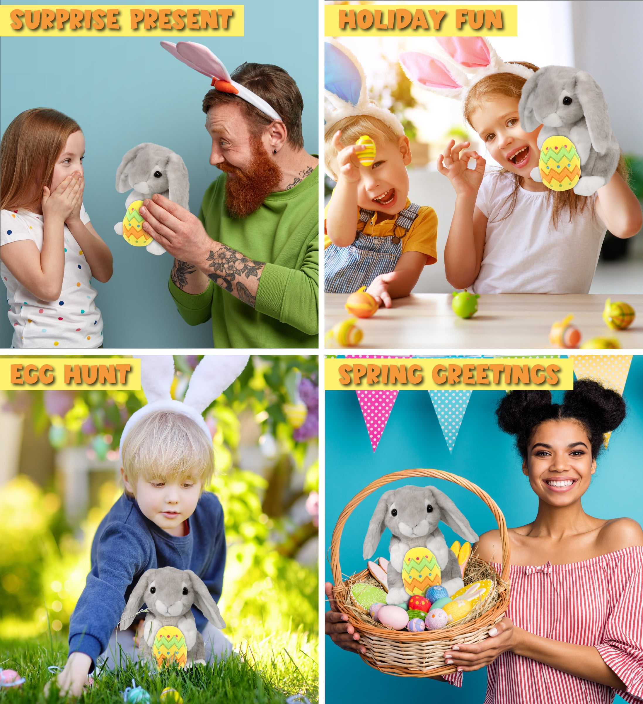 DolliBu Super Soft Sitting Gray Rabbit with Yellow Easter Egg Plush - Perfect Rabbit Stuffed Animals for Easter Basket, Easter Egg Stuffed Animal Spring Toys for Girls, Boys, and Babies - 6.5 Inches