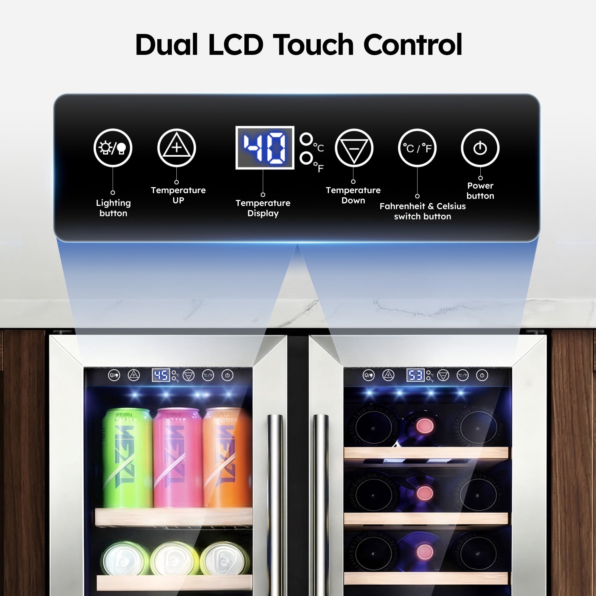 Simzlife 24" Dual Zone Beverage Refrigerator  up to 21 Bottles & 88 Cans,Built-in Wine Fridge for Home/Bar/Office