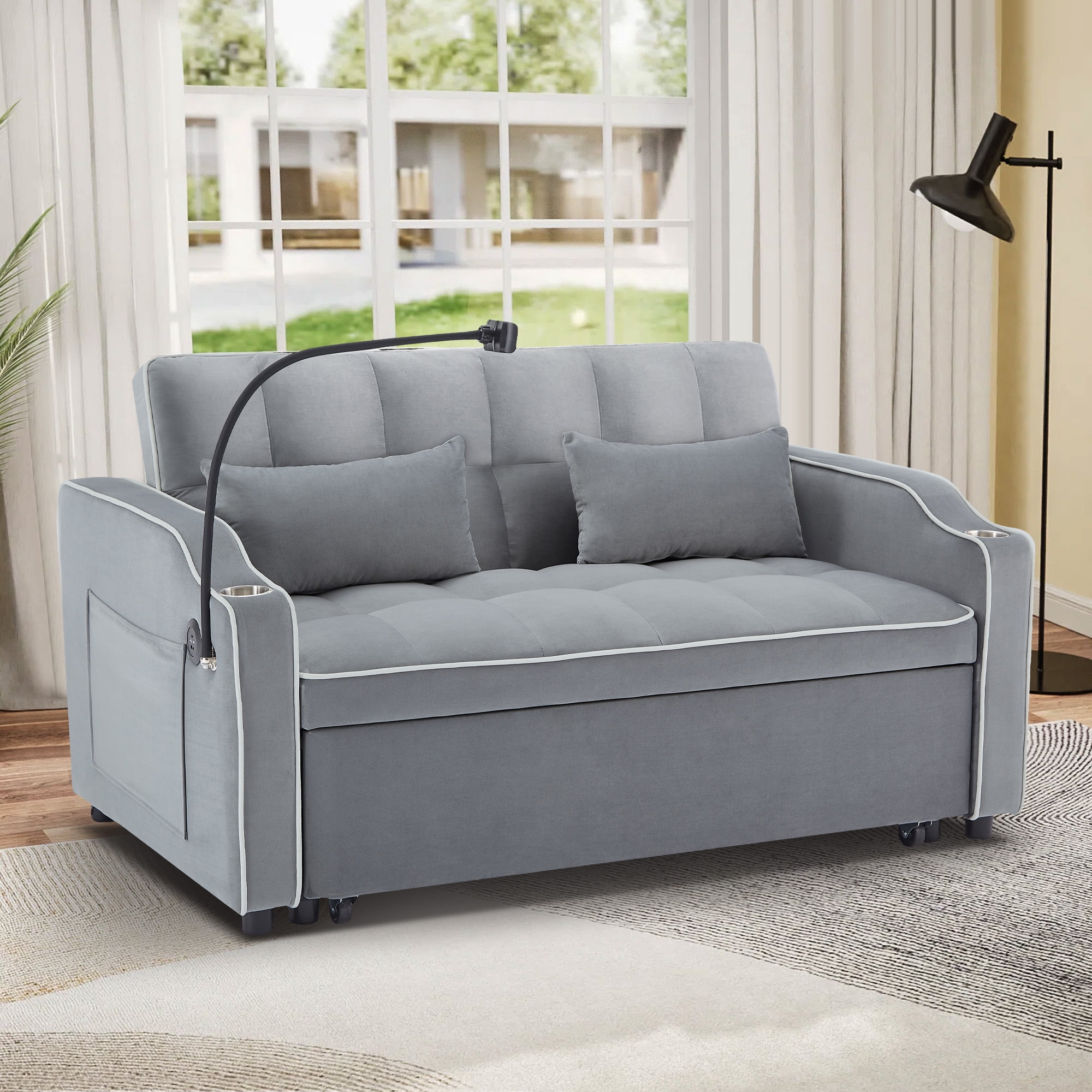 Aukfa Pull Out Sofa Bed, Convertible Loveseat Sleeper Sofa Couch with USB Port, Cup Holders and Swivel Phone Holder, Gray