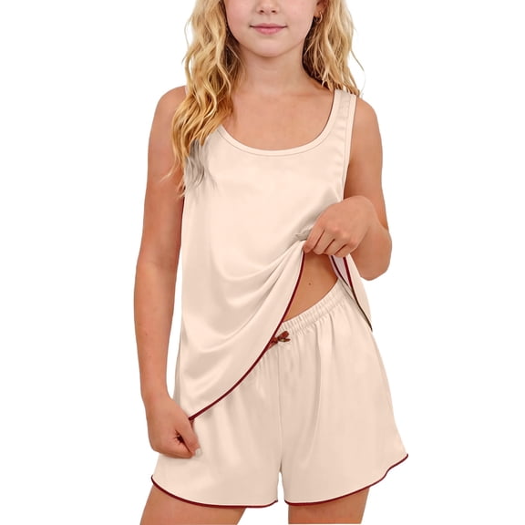 Kilaqueen Girls Summer 2 Piece Outfits Silk Satin Tank Tops and Elastic Waist Shorts Sets Sleeveless Tracksuits Lounge Pjs Set Sleepwear