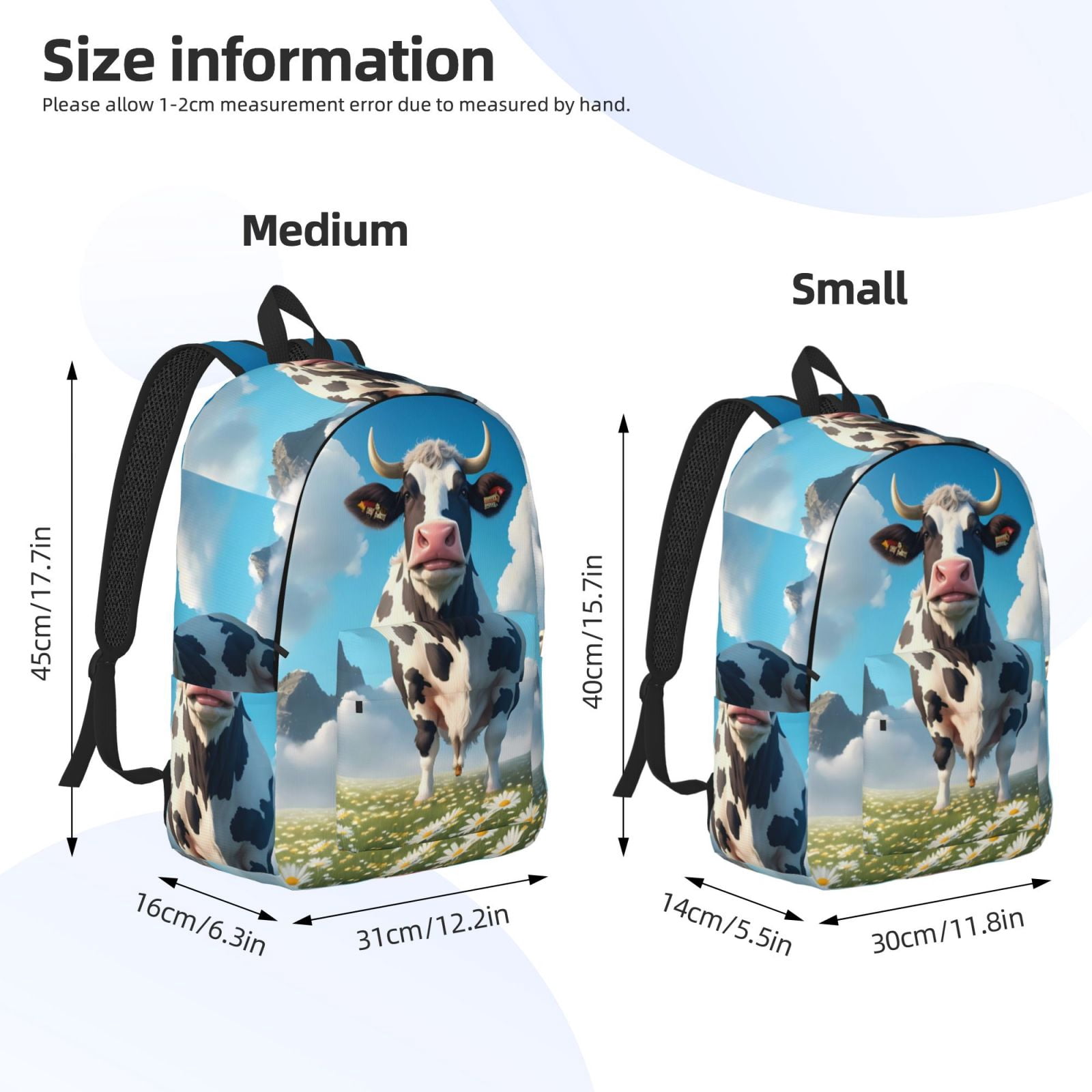 Picia Cute Daisy Cow A Printed Canvas Daypack - Stylish and Durable Vintage Compact Backpack - Class, Work, Travel, or Laptop Bookbag,Organized Compartments-Small
