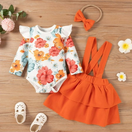 

Leutsin Toddler Baby Girls Floral Print Flying Sleeve Romper Orange Strap Skirt Head Knot Three-piece Suit