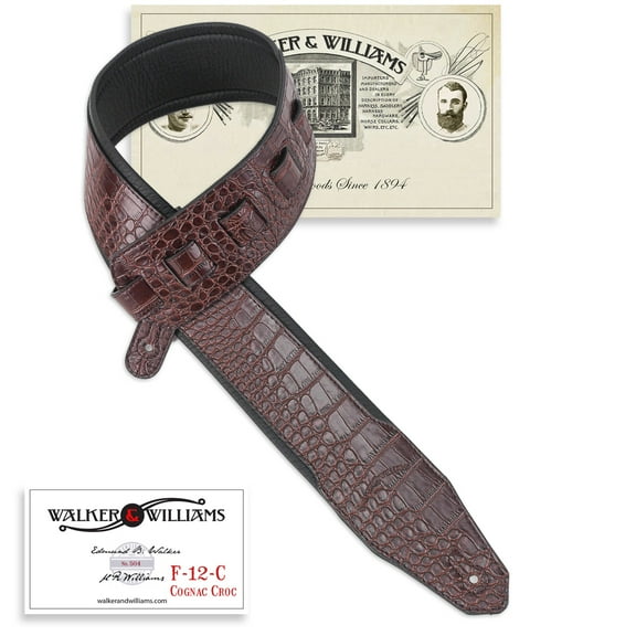 Walker & Williams F-12-C Cognac Brown Alligator Texture Padded Guitar Strap