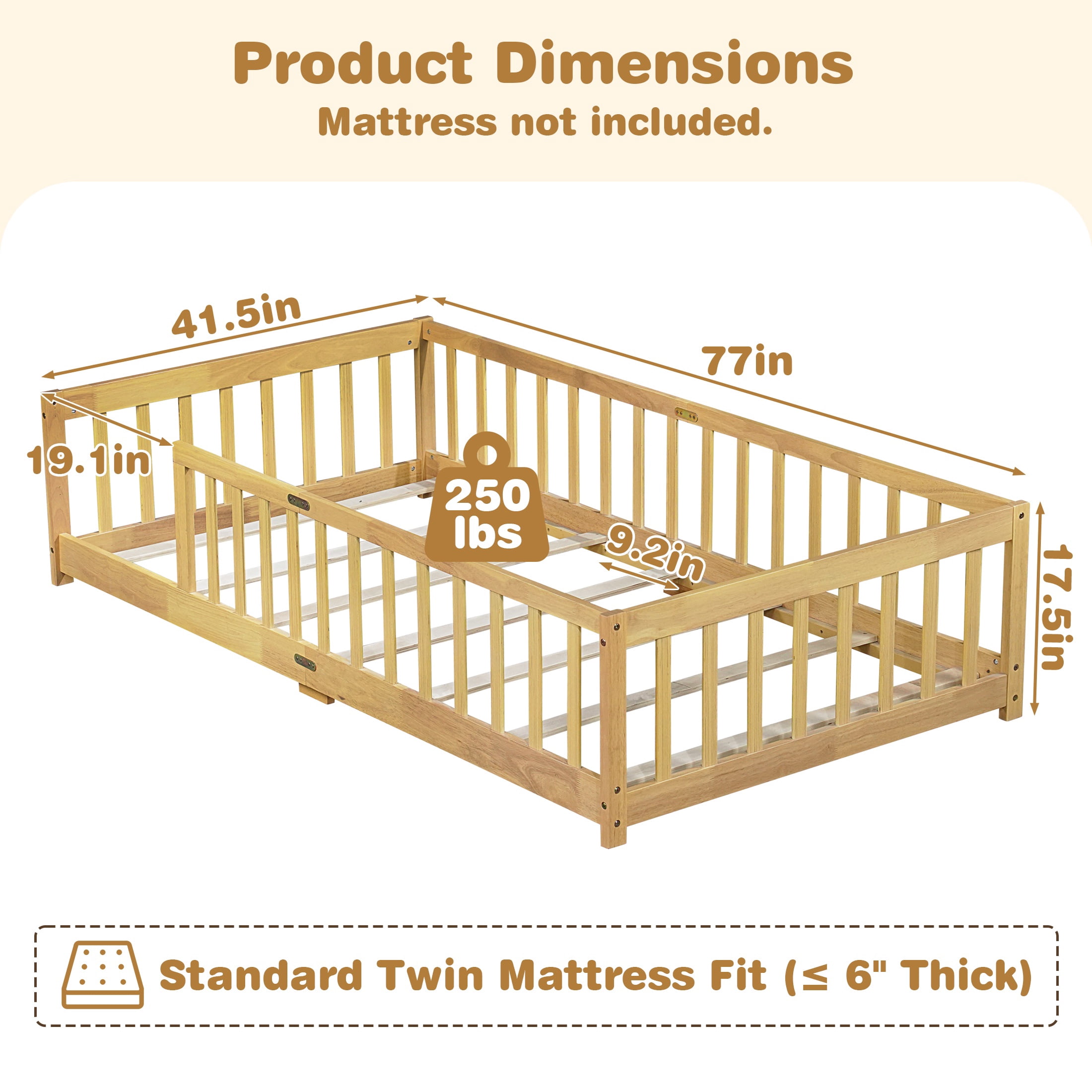 Sesslife Twin Montessori Floor Bed, Wood Twin Size Floor Bed Frame with Safety Guardrails and Slats, Low Profile Toddler Bed for Kids Boys and Girls, No Box Spring Needed, Natural