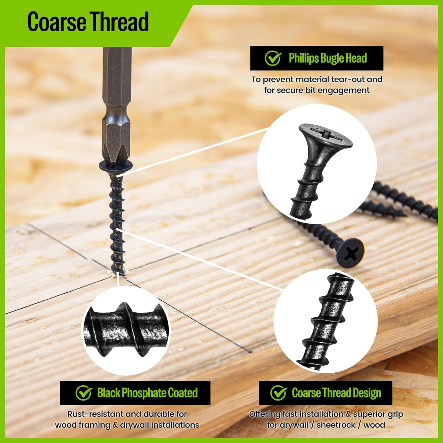 MEITE Drywall Screws, #6 x 1-1/4" Coarse Thread Wood Screws for Drywall, Wood and Furniture (5 LBS)
