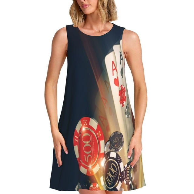 Vsdgher Robes d'Été Imprimées de Jetons de Poker pour Femmes Robe de Plage Décontractée Sans Manches Robe d'Été Ample avec Poche