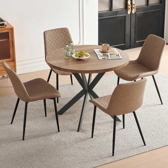 NORDICANA 37" Round Dining Table Set, Mid Century Modern Round Dining Table for 4 Person, Coffee Table for Kitchen Dining Room, Office, Save Space (1 Table with 4 Beige Chairs)