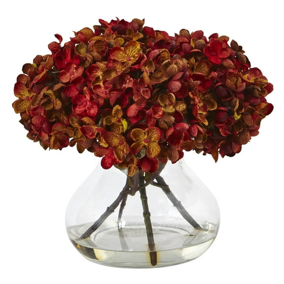 Nearly Natural Silk Hydrangea Flower with Vase in Rust