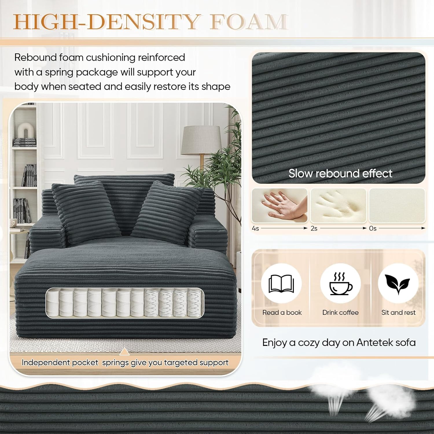 AENKYO 50" Chaise Lounge Sofa Bed with 3 Pillows, Convertible Sleeper Couch for Living Room, Bedroom & Small Spaces - Corduroy Upholstered Deep Seat Comfy Furniture - Dark Gray