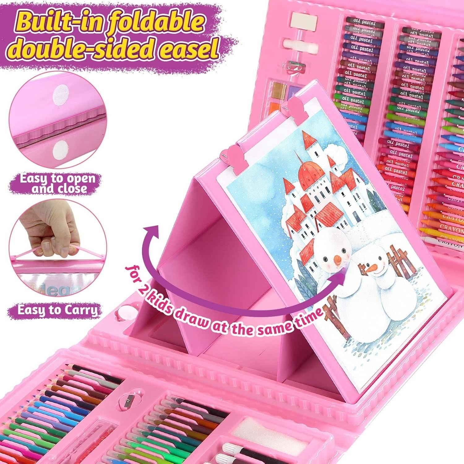 208 Pcs Art Supplies Kid's Drawing Art Kit Painting Art Set Crafts Case for Girls Boys Artist Gift Box with Trifold Easel, Includes Oil Pastels Crayons Colored Pencils Watercolor Pens Markers(Pink)