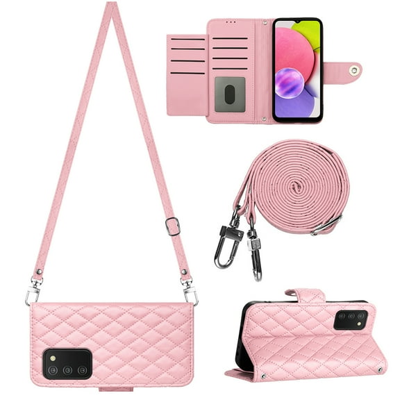 for Samsung Galaxy A03s Wallet Case, Elegant Card Holder Cash Slot PU Leather Kickstand Shoulder Strap Shockproof Protective Flip Women Girls Case Cover for Samsung Galaxy A03s, Pink