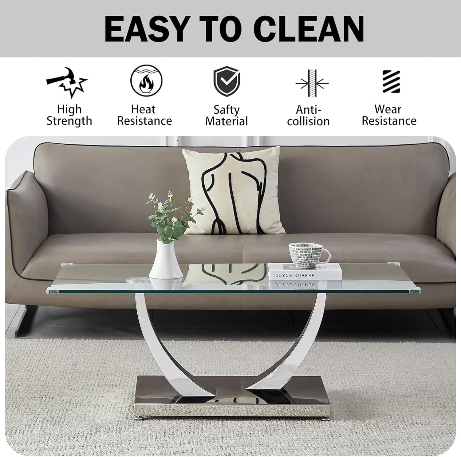 47" Glass Coffee Table, Modern Living Room Table with 0.39" Tempered Glass Top & Mirrored U-Shape Stainless Steel Base, Sofa Center Table for Apartment, Home, Office.