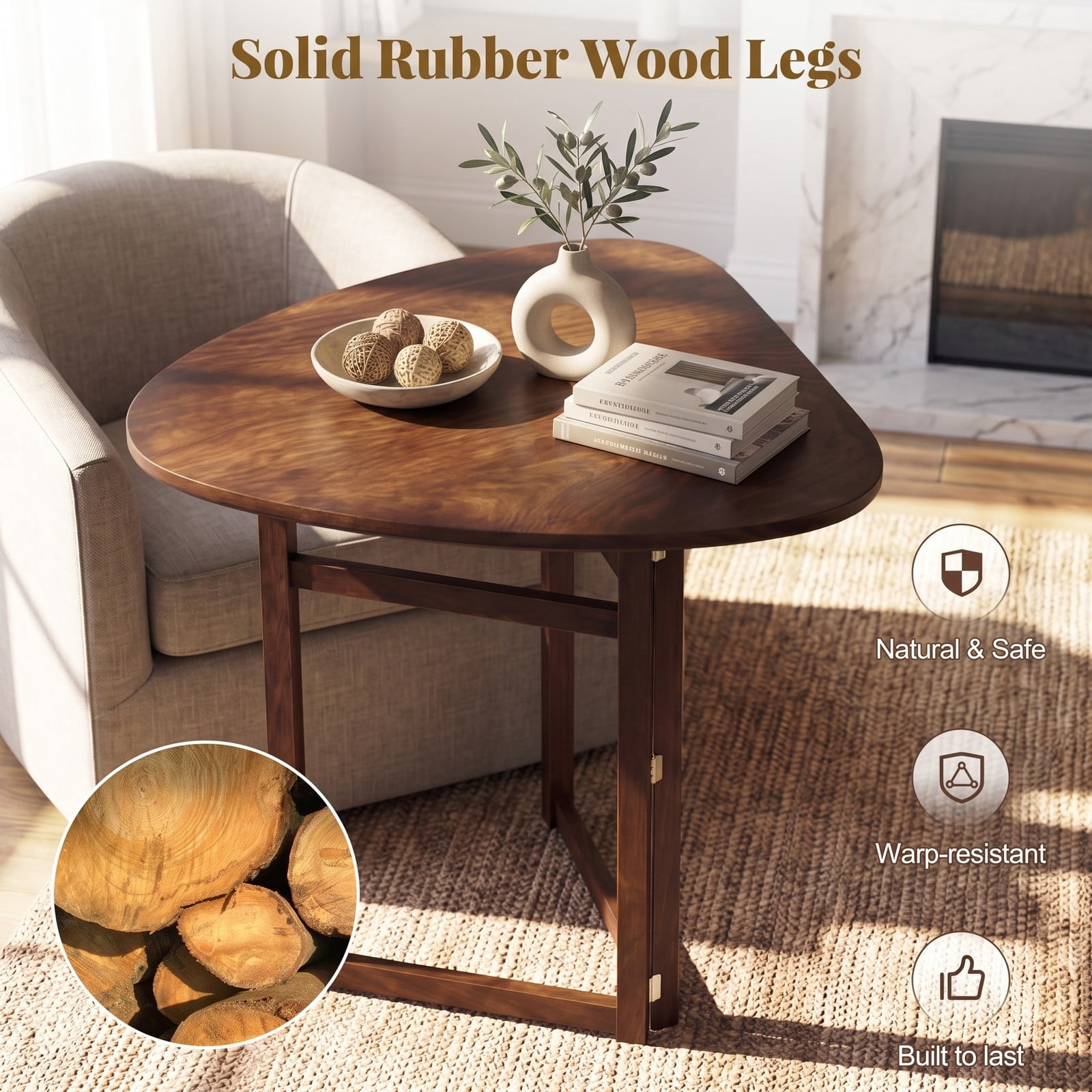 Furnibear Foldable Dining Table for 2, 31.5 Inch Triangular Small Kitchen Table, Space Saving Rubber Wood Folding Dinner Table for Apartment Breakfast Nook, Walnut